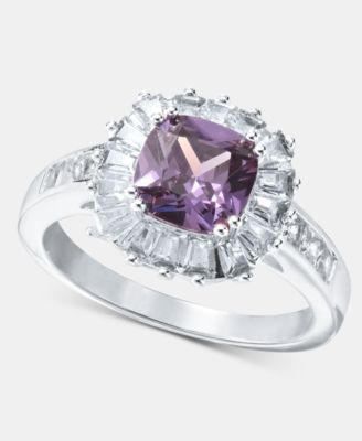Silver-Tone Purple Crystal & Cubic Zirconia Halo Ring