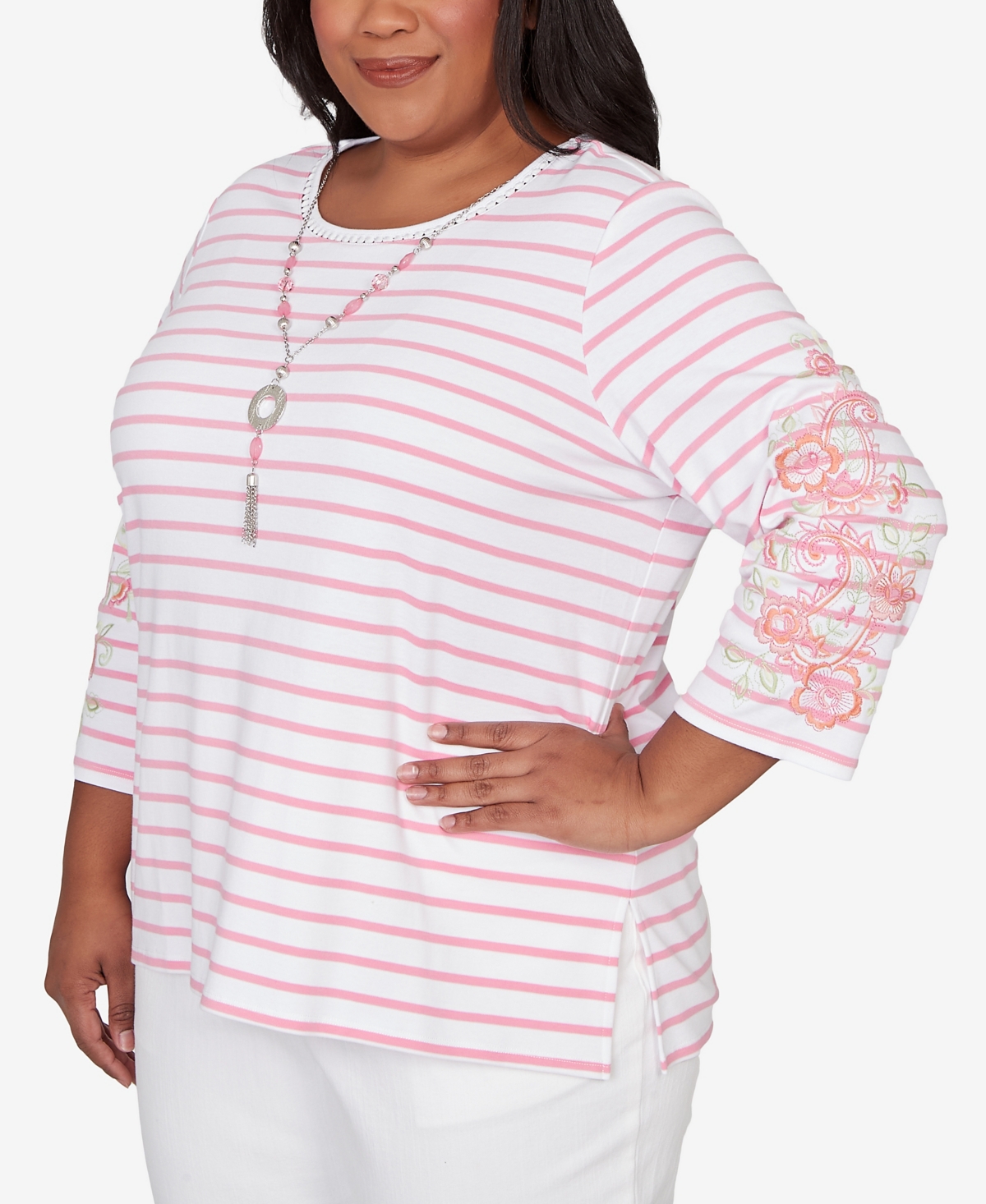Alfred Dunner Plus Classic Stripe Embroidered Sleeve Top with Necklace