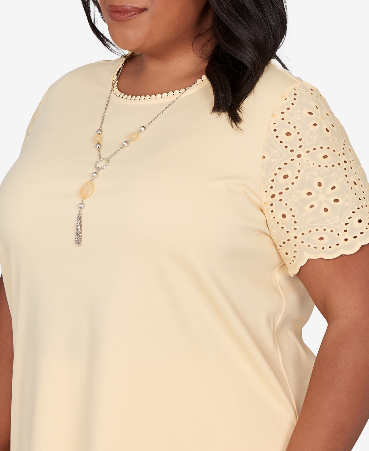 Alfred Dunner Plus Classic Solid Eyelet Sleeve T-Shirt with Necklace