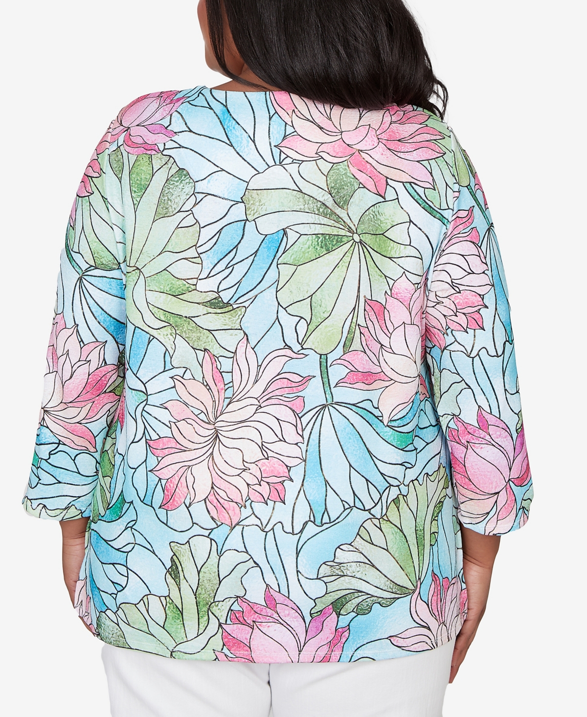 Alfred Dunner Plus Classic Stained Glass Floral Print Top with Necklace
