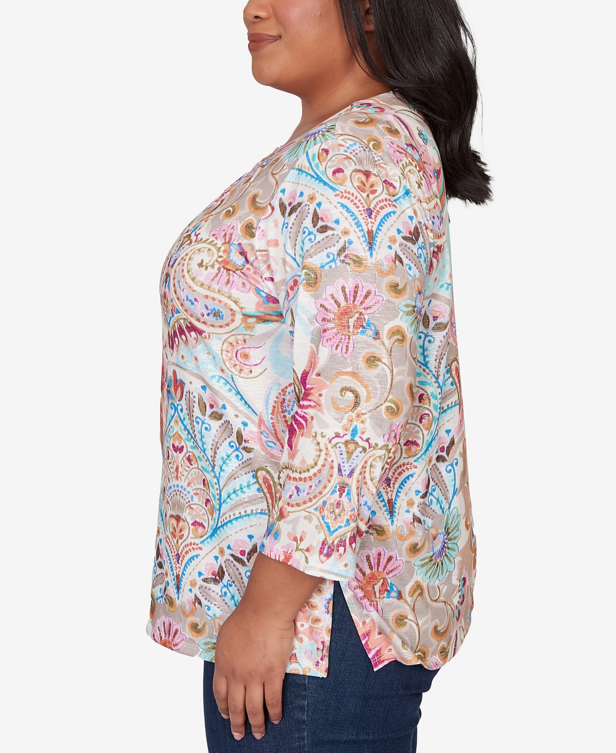Alfred Dunner Plus Classic Paisley Floral Pleated Neck Top