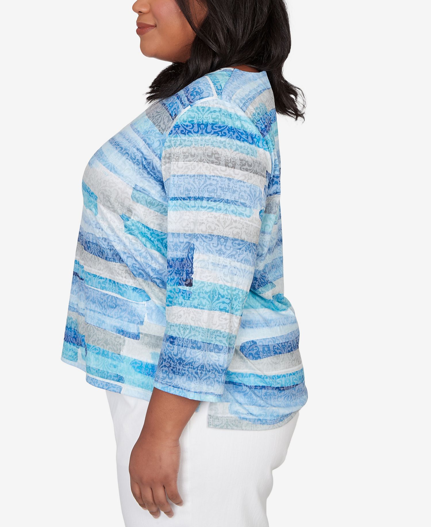 Plus Size Classic Brushstroke Biadere Embellished Neck Top