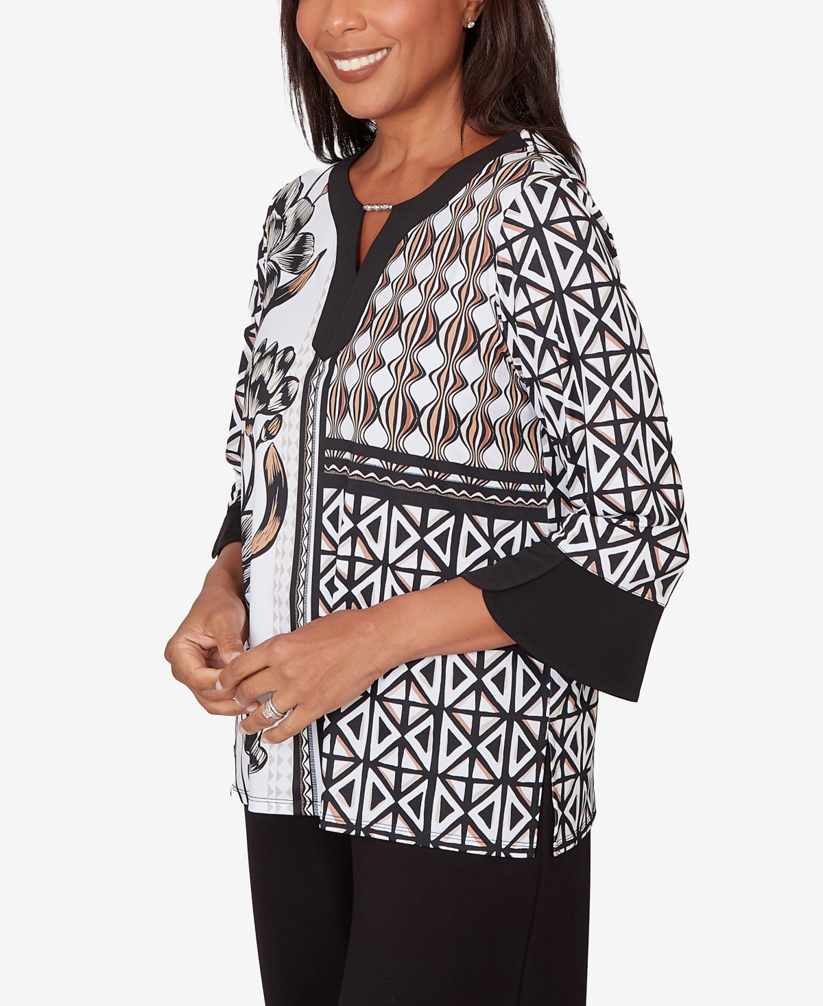 Alfred Dunner Plus Classic Floral Geo Patchwork Split Neck Top