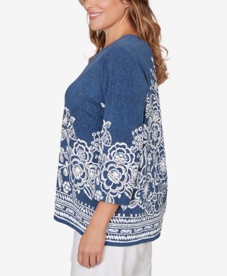 Plus Size Classic Floral Border Embroidered Split Neck Top