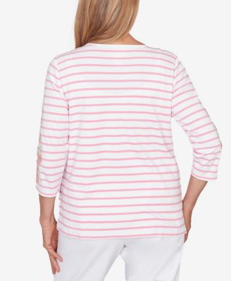 Women's Classic Stripe Embroidered Sleeve Top with Necklace