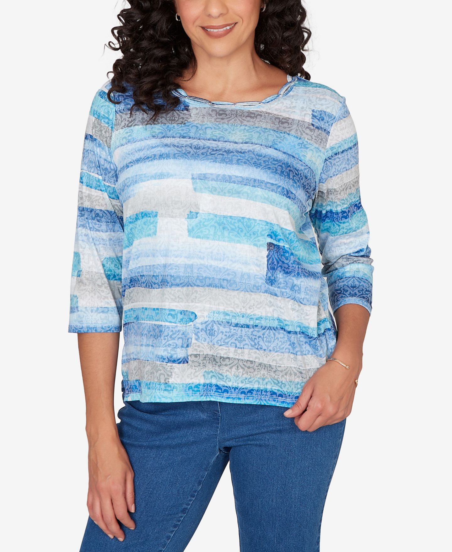 Женский топ Alfred Dunner Classic Brushstroke Biadere Embellished Neck, цвет: Синий — фото 1