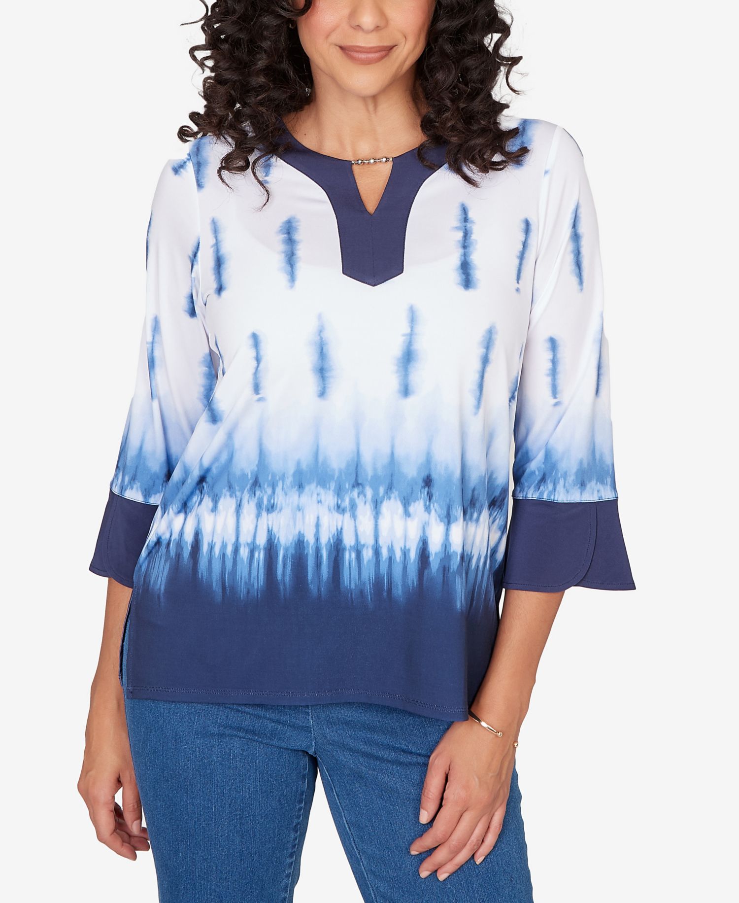 Women's Classic Tie Dye Border Split Neck Top