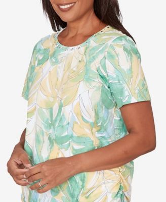 Women's Tropical Leaf Beaded Neck Ruched T-Shirt