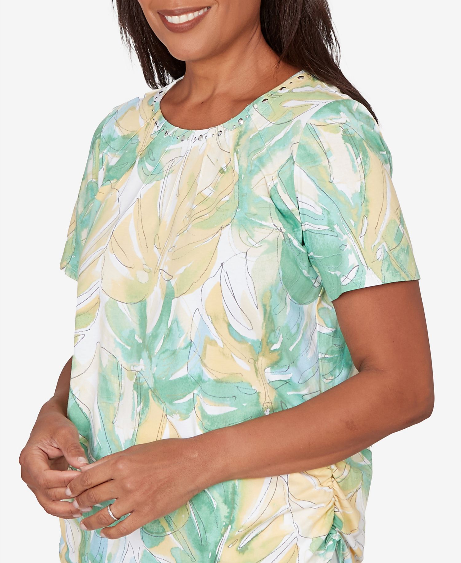 Women's Tropical Leaf Beaded Neck Ruched T-Shirt