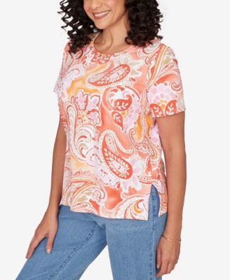 Women's Paisley Beaded Neck Pleated T-Shirt