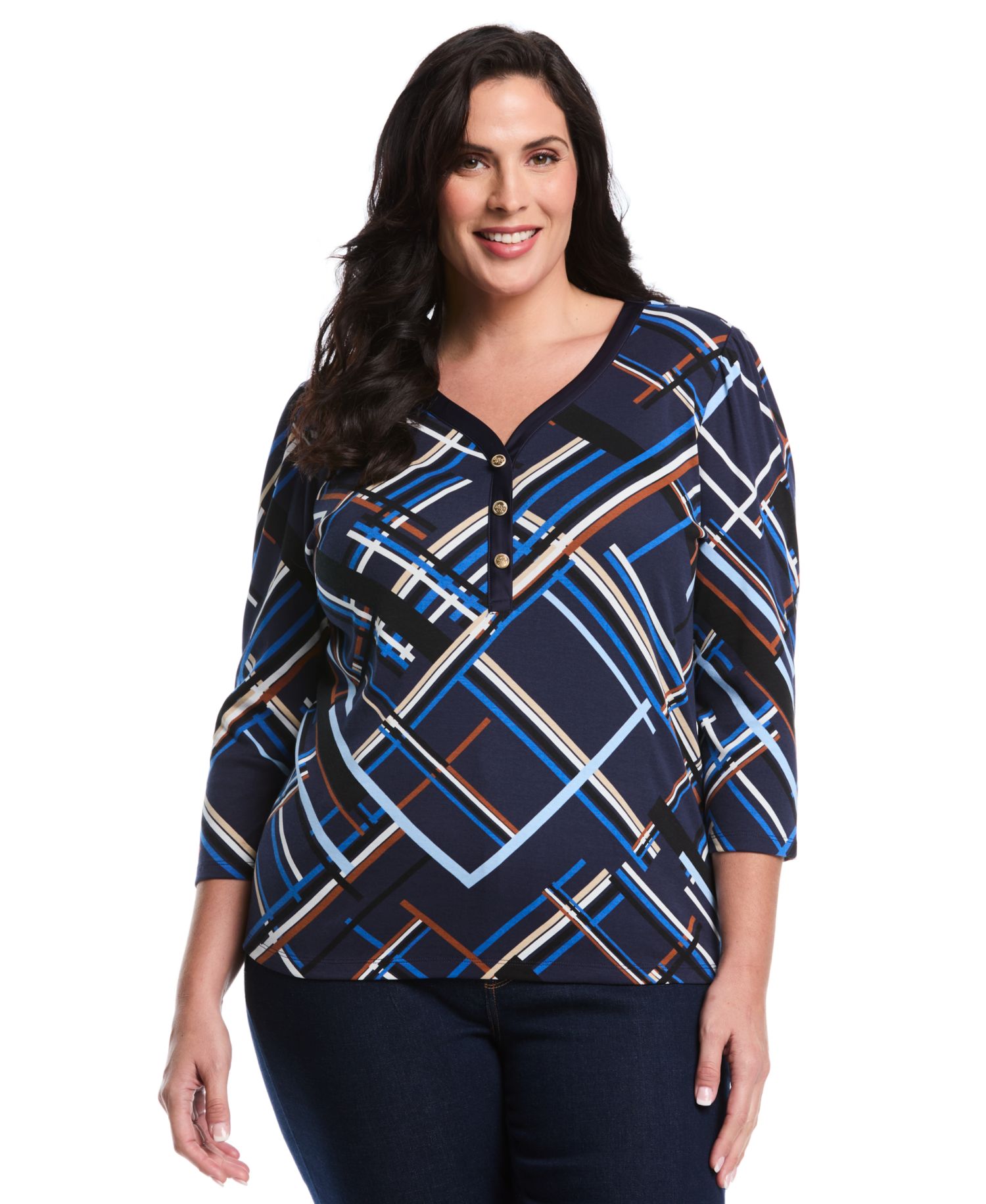 Plus Size Plus Size Tossed Stripe Print 3/4 Puff Sleeve V-Neck Top