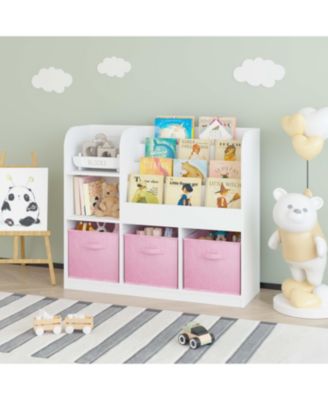 White/Pink Kids Bookcase with 3 Collapsible Fabric Drawers for Bedroom