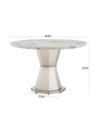 47" Round Marble Dining Table, High Gloss Faux Marble Top, Stainless Steel Base (White