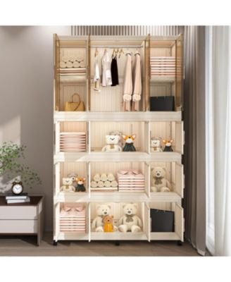 Portable Wardrobe Closet Organizer, 17 Cubes & Rod, Hangers, White