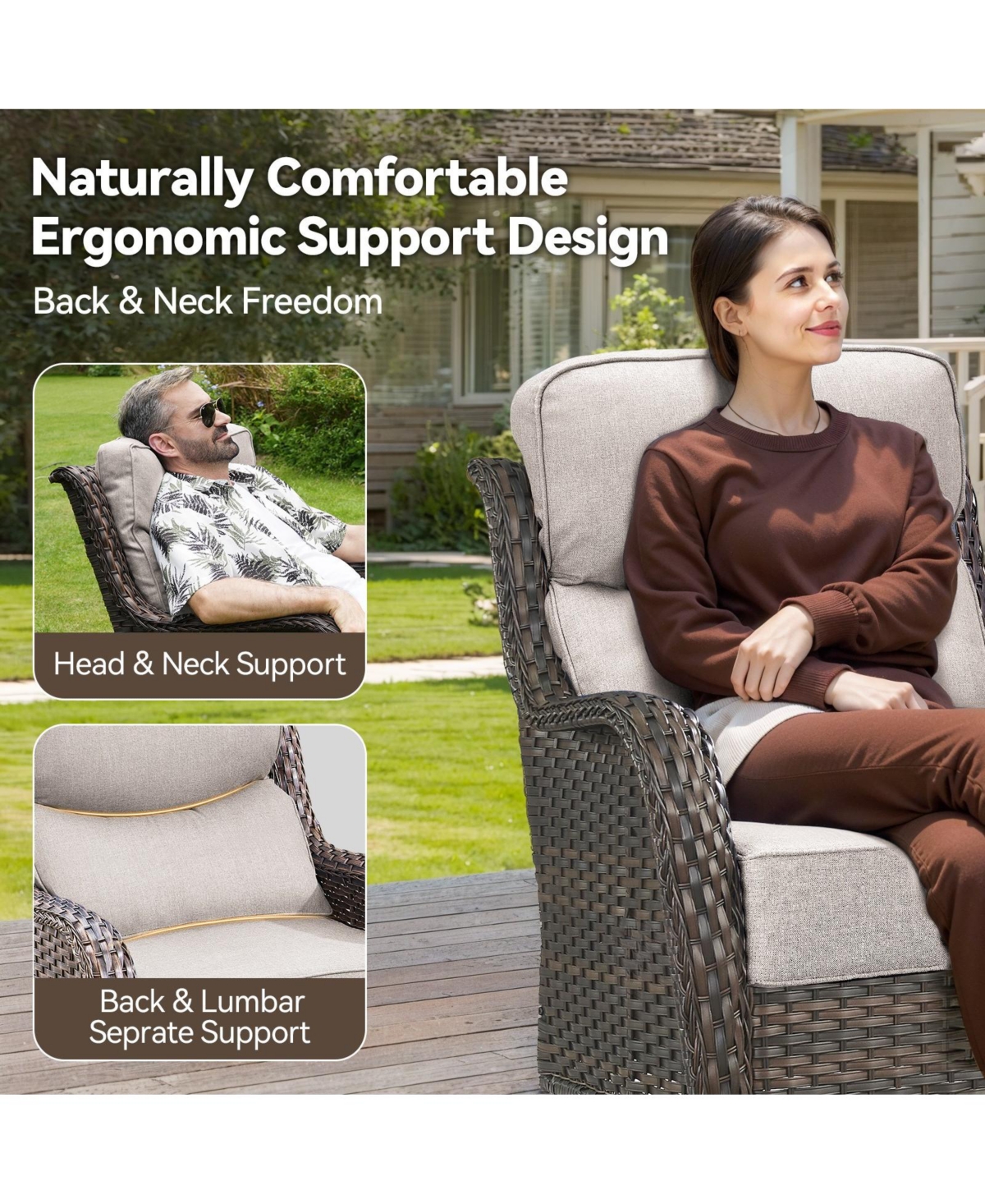 Gymojoy Crescent Swivel Glider All-Weather Pe Wicker Patio Conversation Set with Olefin 6 In. Thick Cushions/Coffee Table (4-Piece