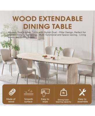 Streamdale Wood Extendable Dining Table, Oval Kitchen Table with Dual-Pillar Design