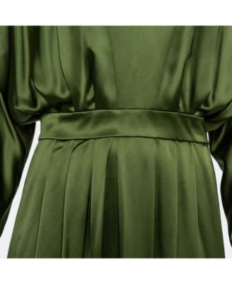 Women's Green Silk Satin Pleated Front Slit Detail Maxi Dress