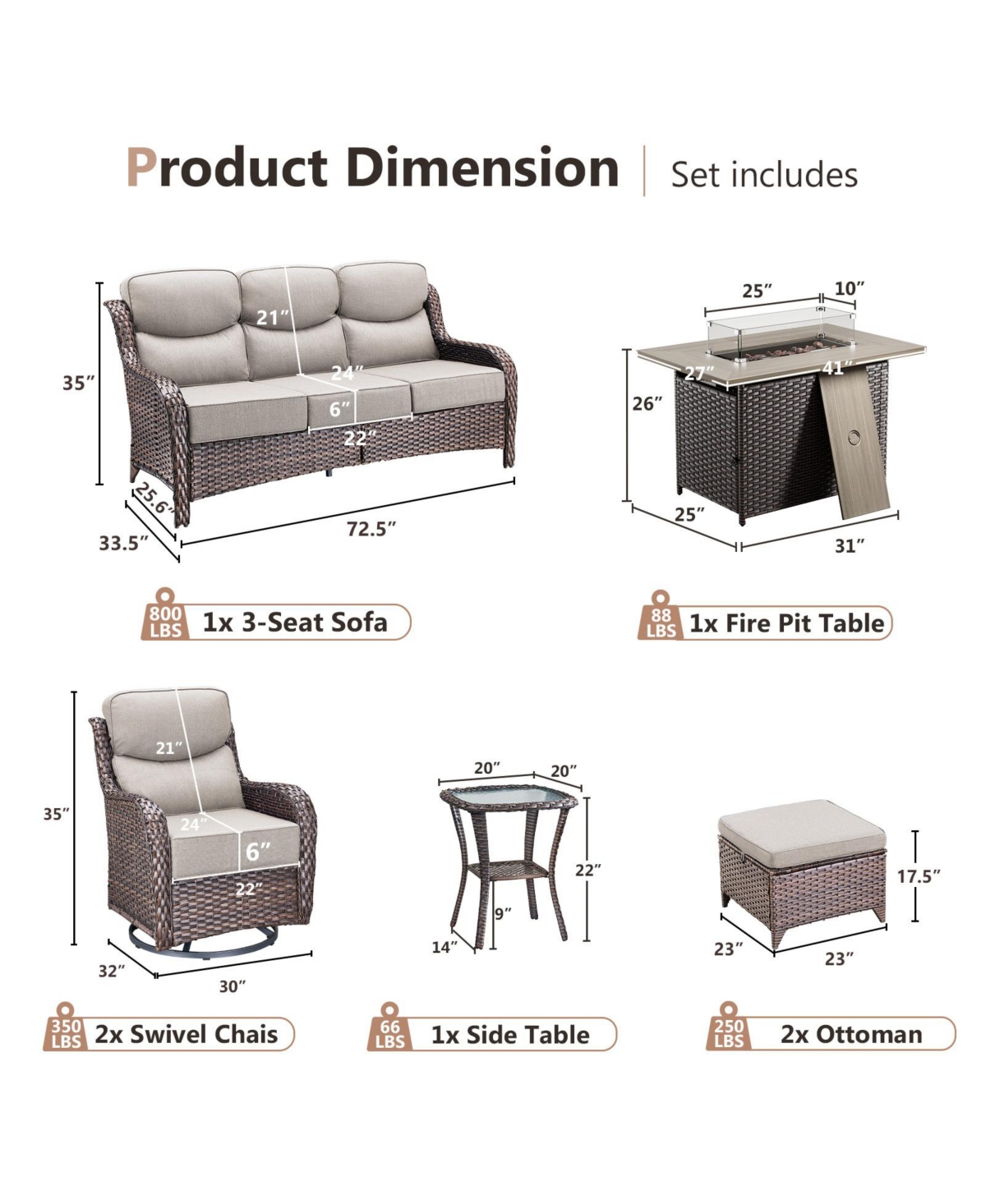 Gymojoy Crescent All-weather Pe Wicker Fire Pit Conversation Set with Olefin 6 In. Thick Cushions Patio Swivel Chairs Set/Couch/Ottomans (7-Piece