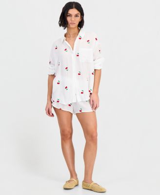 Women's Cherry Embroidered Button-Down Swim Shirt