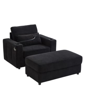Modern Armchair Chaise Lounge Sofa with Ottoman, USB Ports & Cup Holders - Black