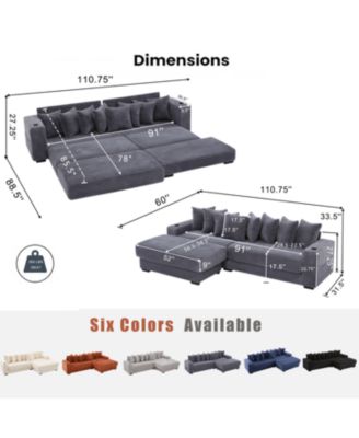 Corduroy L-Shaped Sectional Sofa with Ottoman, Pillows & Cup Holders