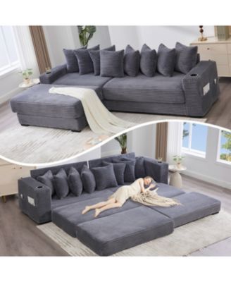 Corduroy L-Shaped Sectional Sofa with Ottoman, Pillows & Cup Holders