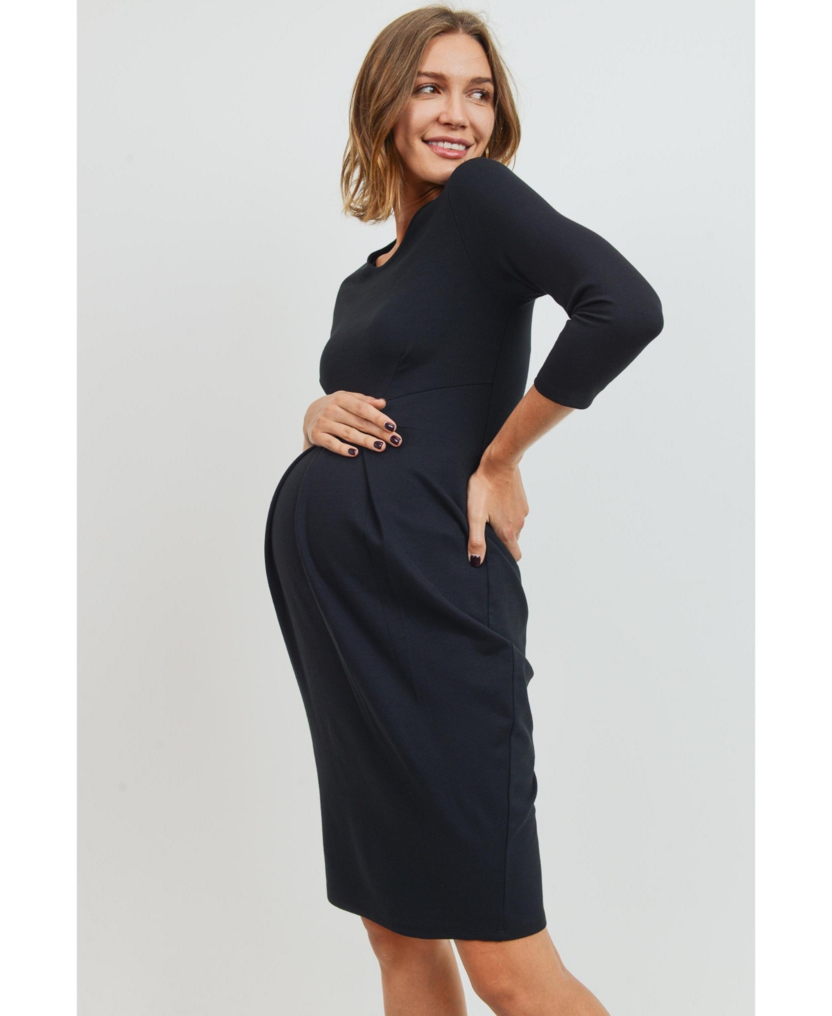 Hello Miz Maternity 3/4 Sleeve Round Neck Front Pleat Dress