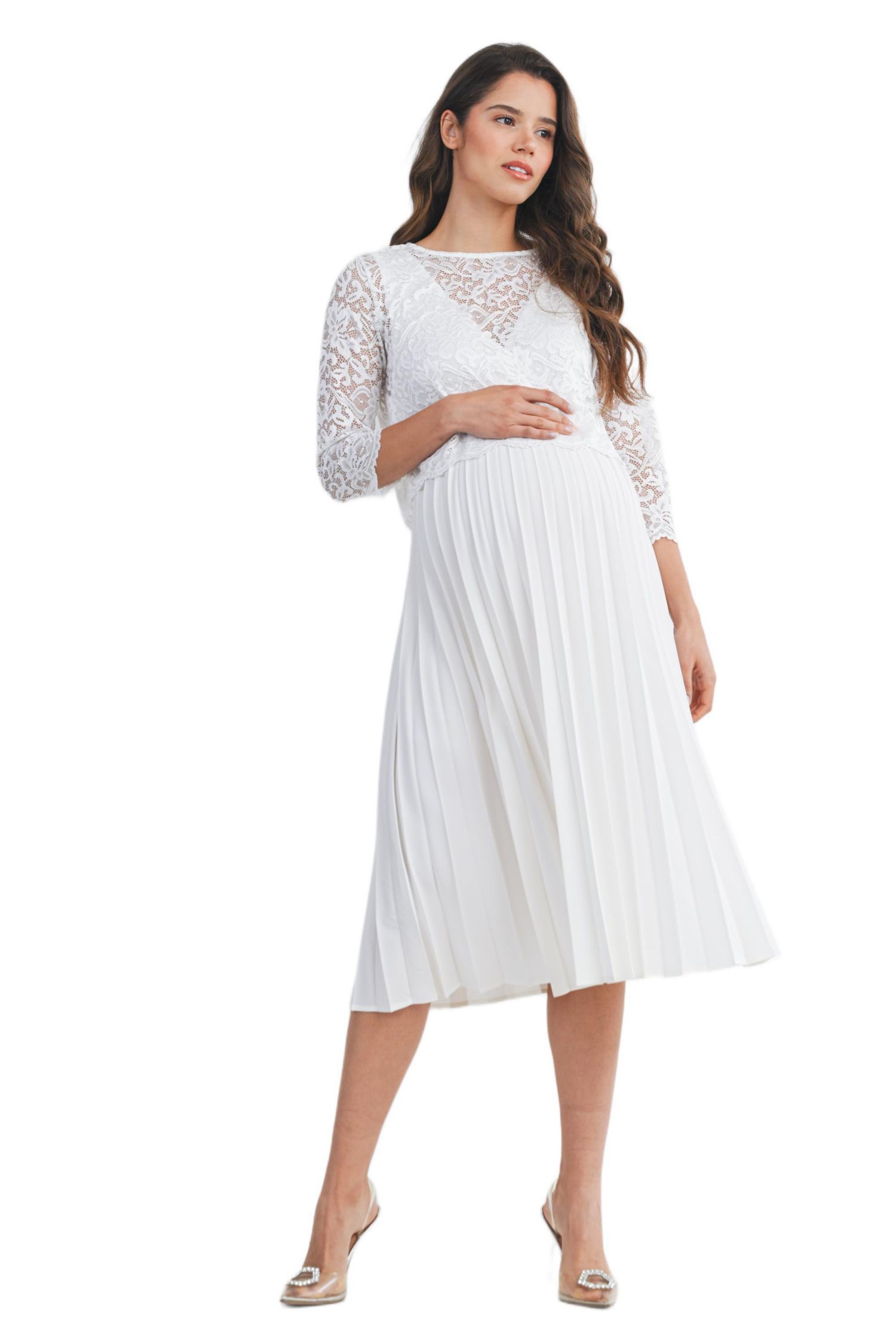 Women's 3/4 Sleeve Lace Bodice Pleated Nursing Dress