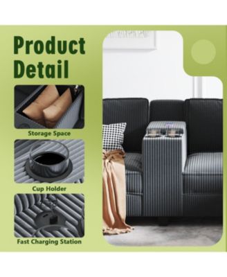 L-Shaped Corduroy Sofa w/ Storage USB & Console