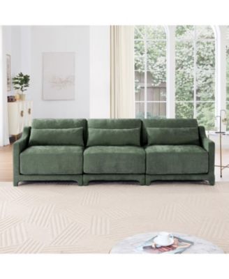 Chenille 3-Seater Sofa w/ Lumbar Pillow - Green
