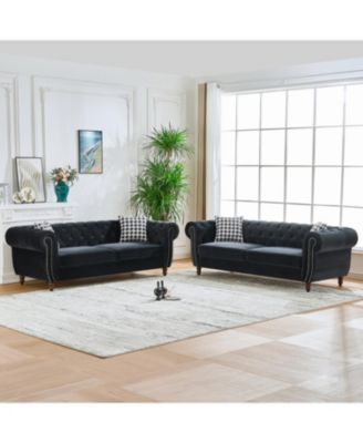 Chesterfield Velvet Sofa Set, Roll Arm, Nailhead Trim, Modern Couch