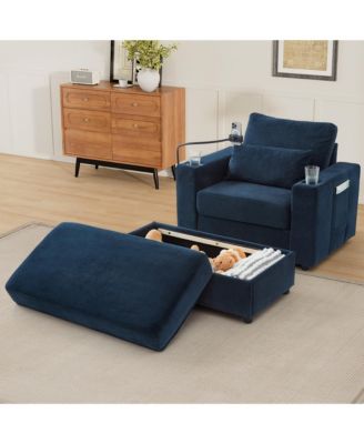 Modern Armchair Chaise Lounge Sofa w/ Ottoman, USB Ports, Cup & Phone Holders - Blue