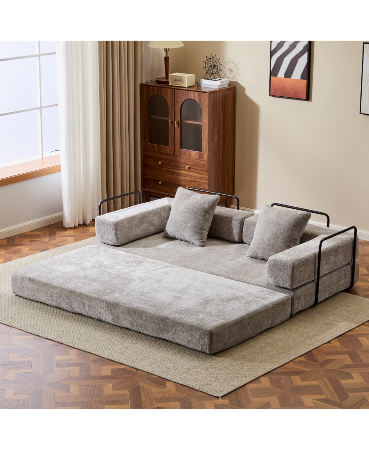 Streamdale Furniture Convertible Floor Sofa Bed with Pillow & Armrest - Light Grey