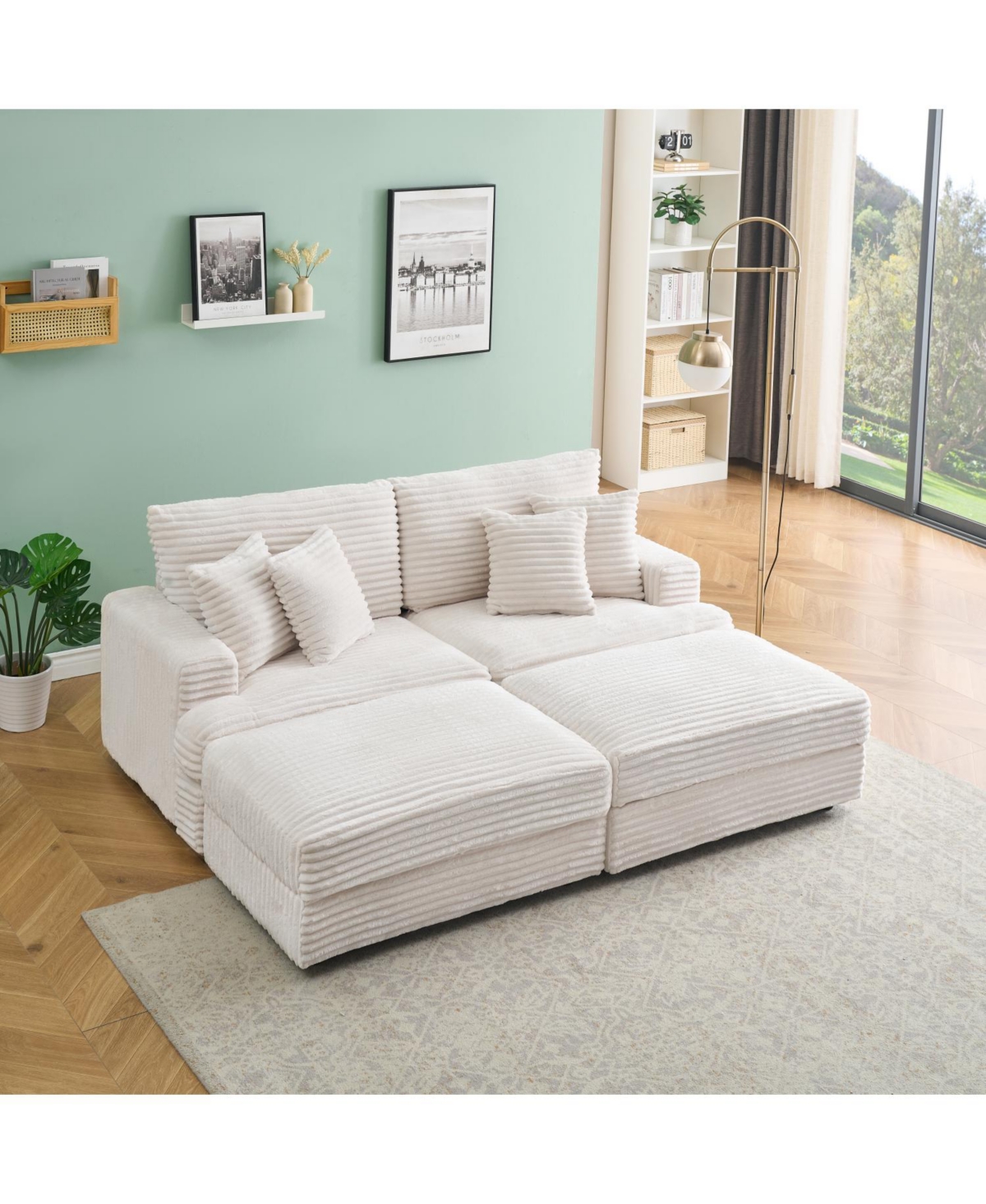 Streamdale Furniture White Corduroy Sofa w/ Storage Legs & Pillows