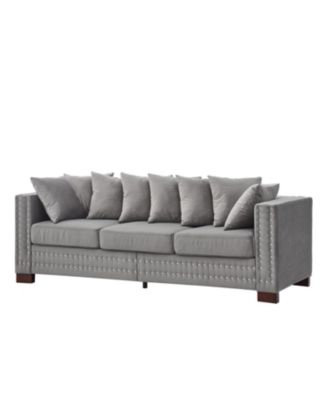 Modern Grey Velvet Sofa Silver Nailhead Trim