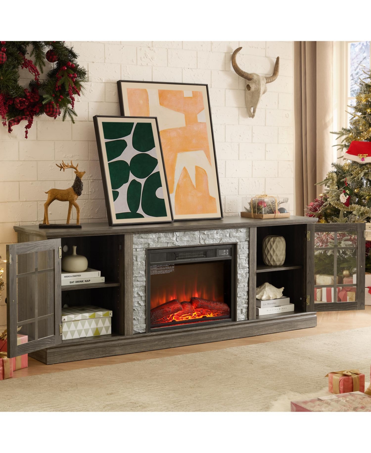 Streamdale Furniture Streamdale 70" Tv Stand with Fireplace & Storage, Grey Media Console