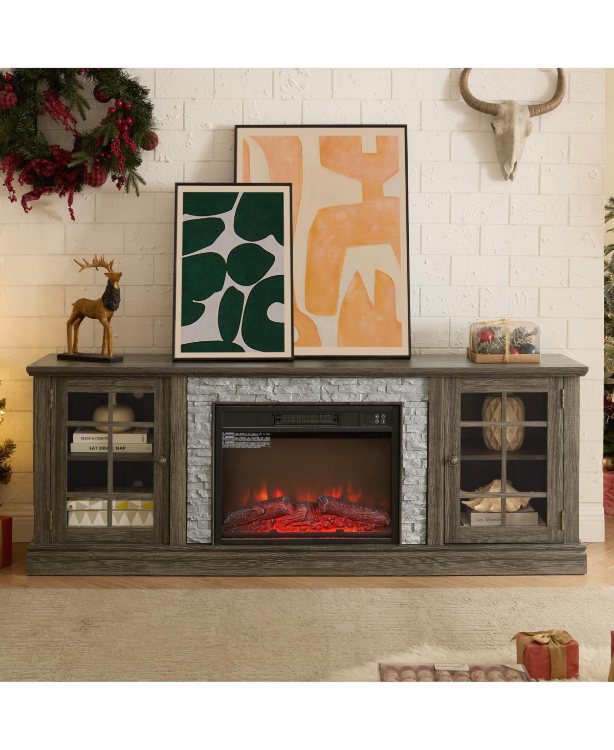 Streamdale Furniture Streamdale 70" Tv Stand with Fireplace & Storage, Grey Media Console
