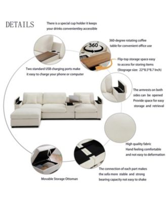 Oversized L-Shaped Sectional Sofa with Drop Down Table & Storage Ottoman