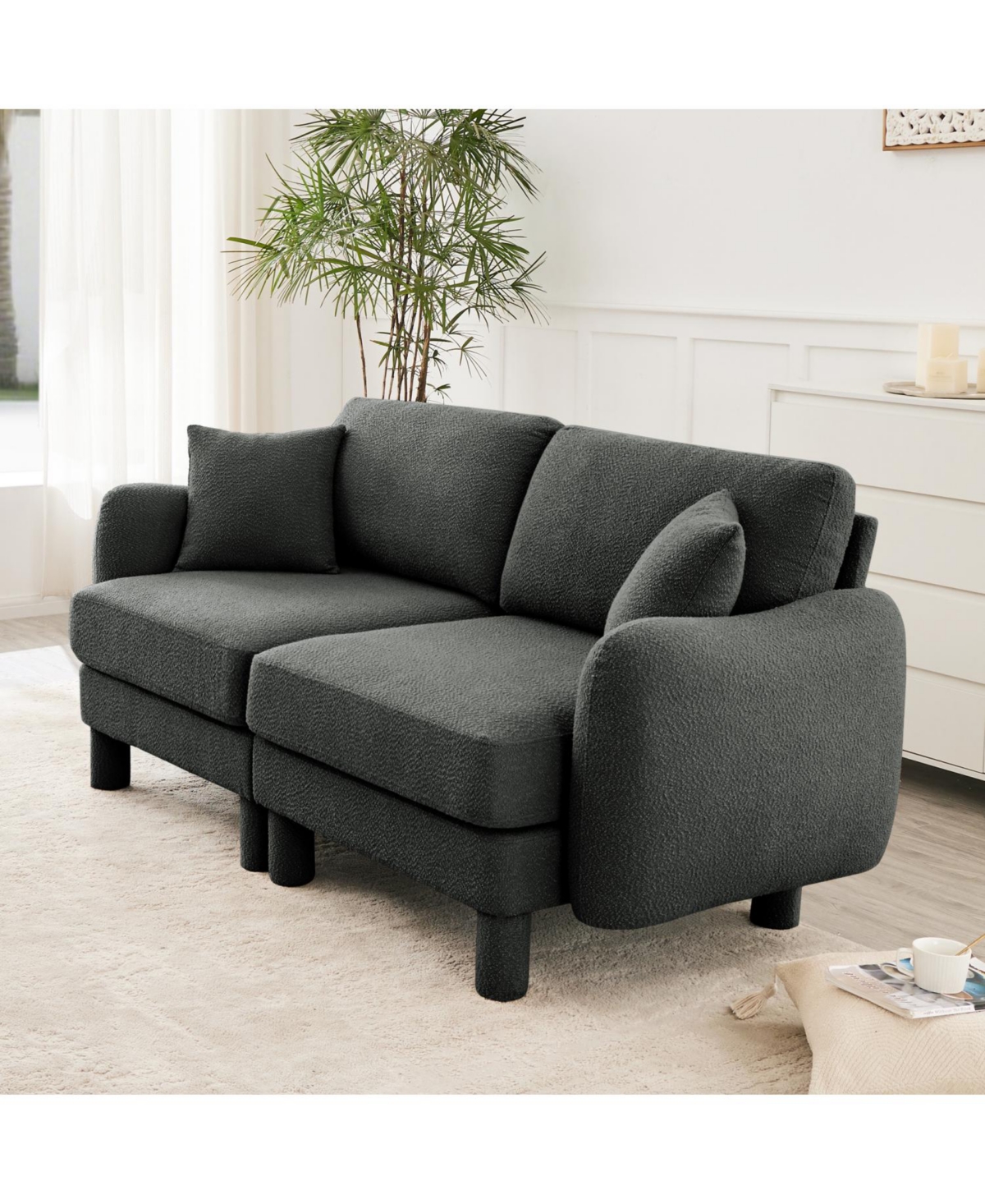 Streamdale Furniture Dark Grey Boucle 2-Seater Loveseat Sofa with Shell Armrests