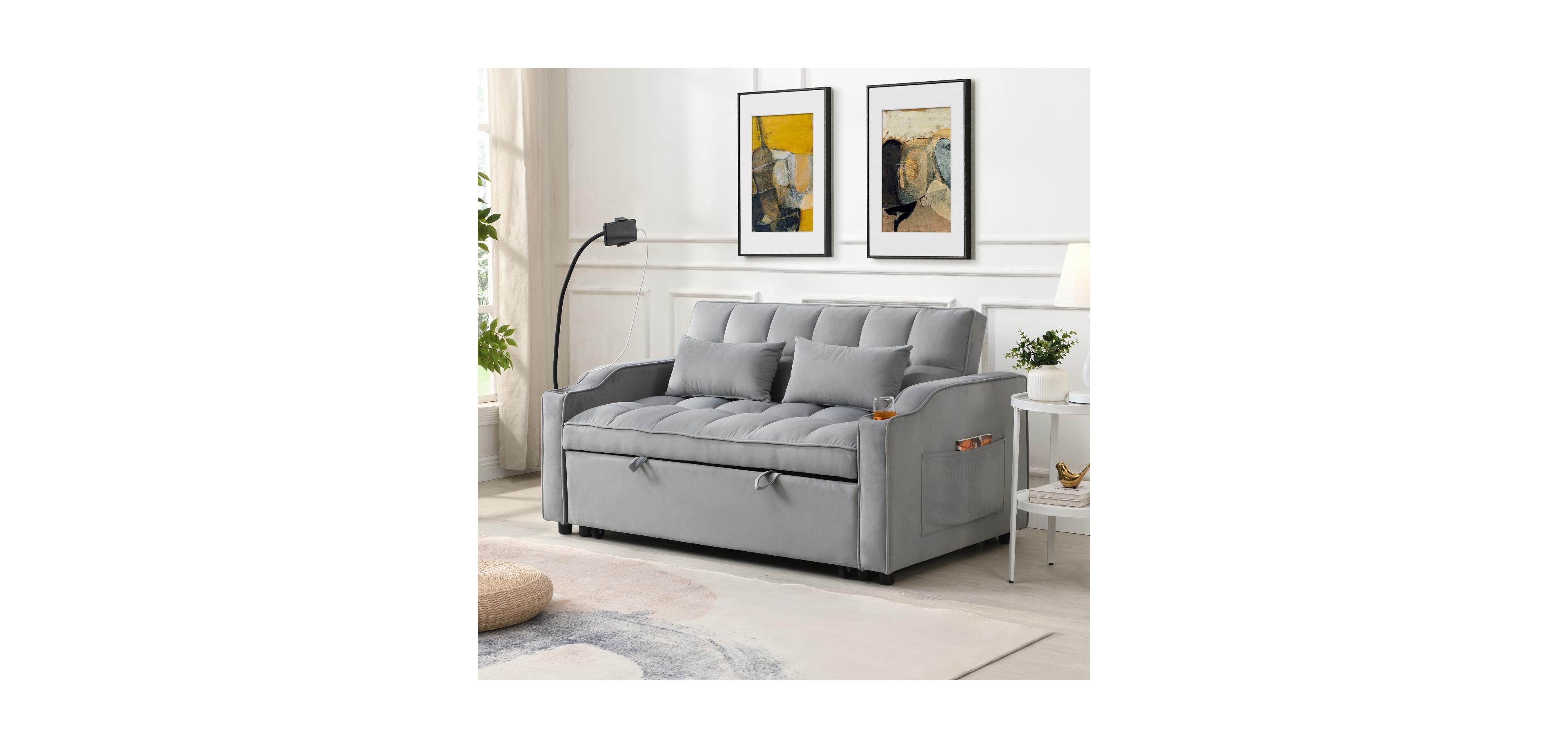 Streamdale Furniture Velvet Loveseat Futon Sofa Bed with Reclining Backrest & Pillows
