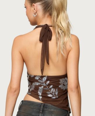 Women's Sequin Asymmetric Mesh Halter Top