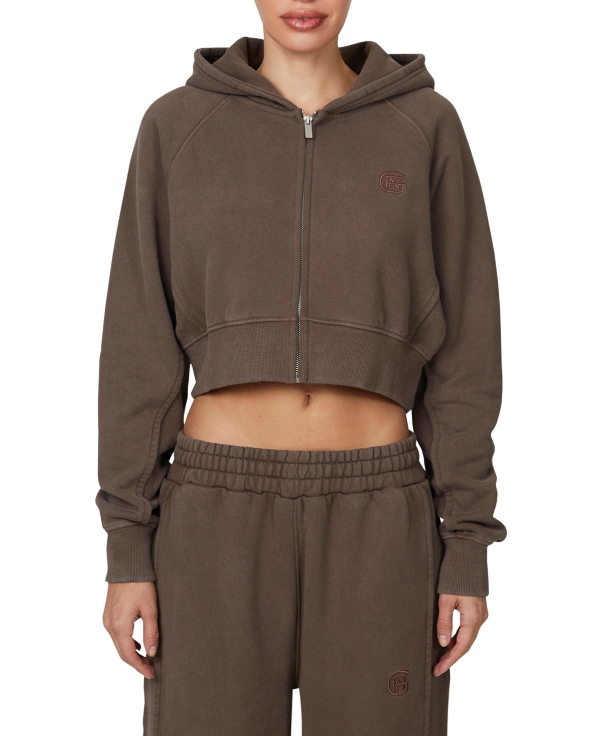 Good For Nothing Women's Ribbed Emblem Crop Zip Hoodie