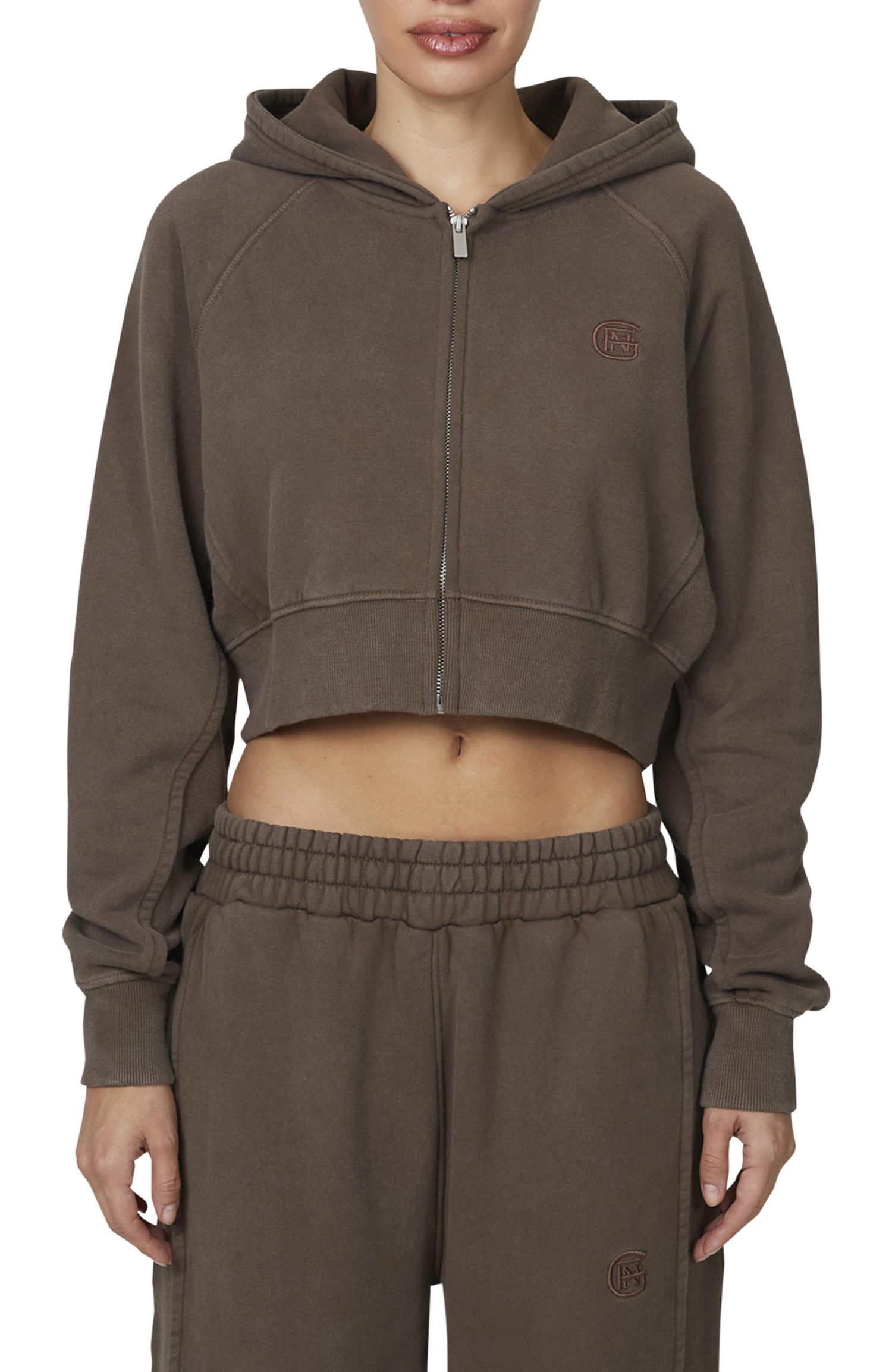 Women's Ribbed Emblem Crop Zip Hoodie