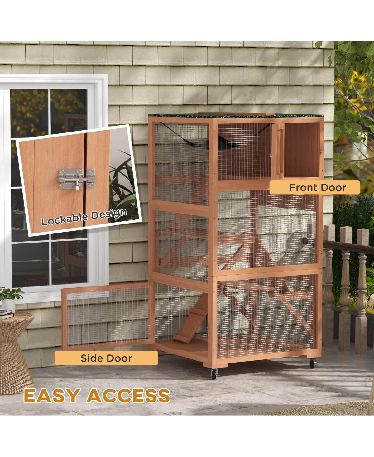 PawHut Catio, Outdoor Cat Enclosure House on Wheels with Hammock,