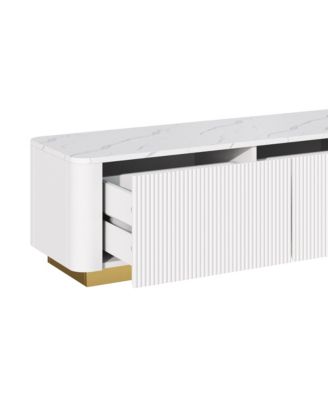 Luxury Fluted TV Stand - Faux Marble Top, 4 Drawers, Gold Base, White