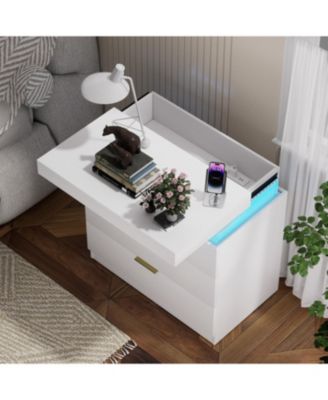 Nightstand with Charging, LED, Sliding Top, Drawers - White