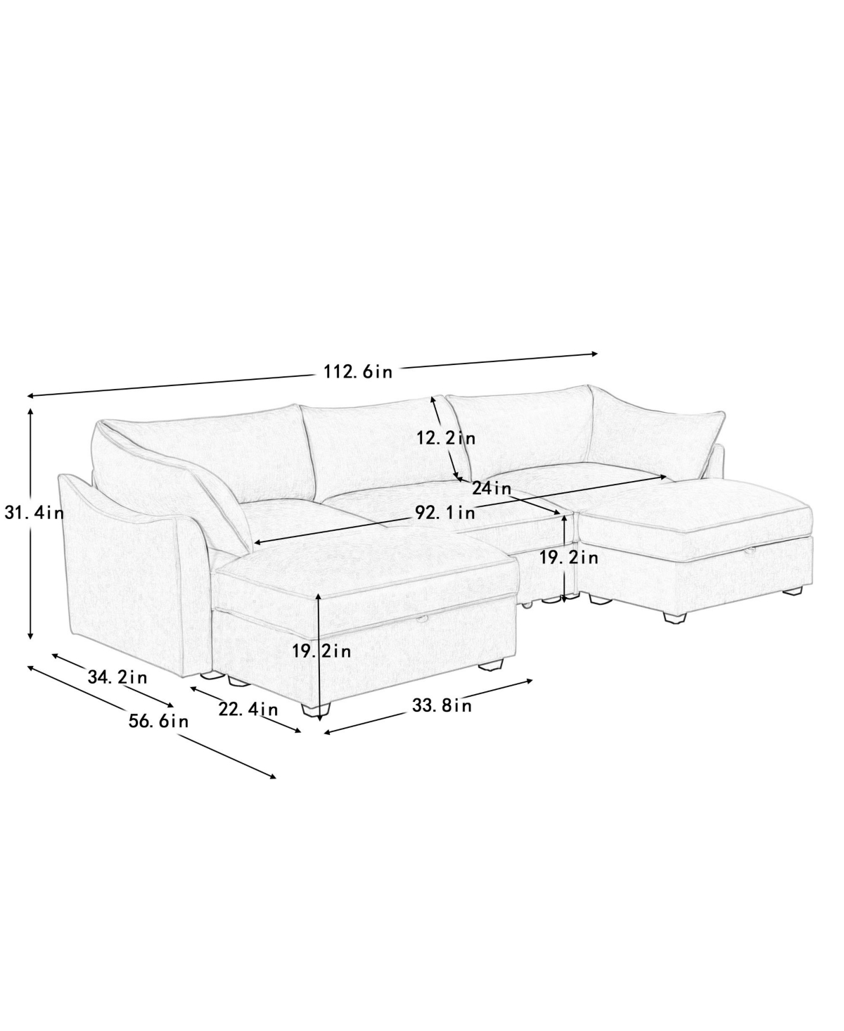 Streamdale Furniture U Shape 3 Seater Sofa with Ottomans