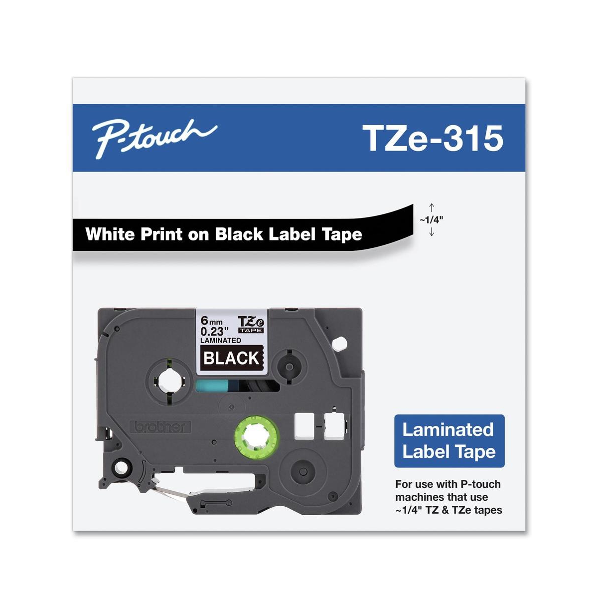 Brother P-Touch TZE315 0.23 in. x 26.2 ft. TZe Standard Adhesive Laminated Labeling Tape - White on Black