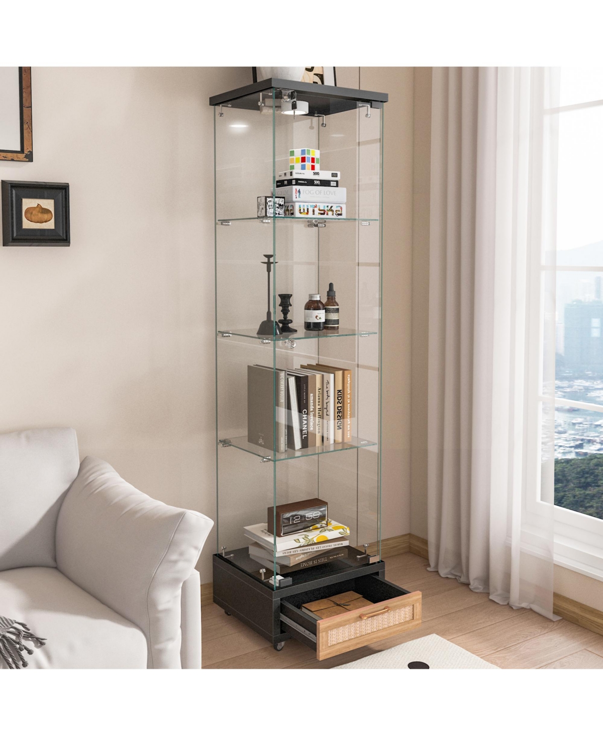 Streamdale Furniture Streamdale Modern Glass Display Cabinet w/ Drawer & Led Lights