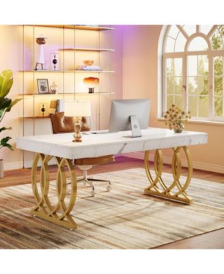 63-Inch Executive Desk, Modern Office Computer Desk with Faux Marble Tabletop